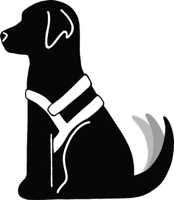 Illustratie van zittende zwarte hond in harnas met kwispelende staart.