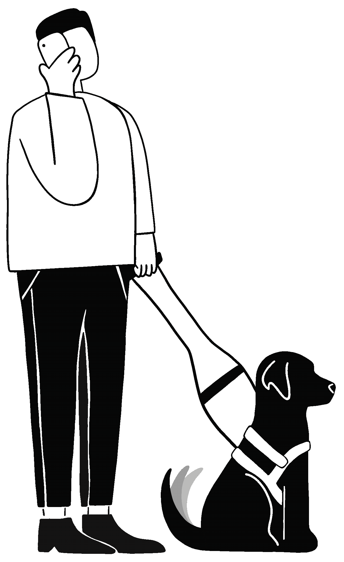 Animatie van een zwarte lijntekening: Man staat naast zijn zwarte zittende labrador in harnas. De man houdt met zijn ene hand een gsm aan zijn oor en met zijn andere het harnas. De hond zit braafjes neer met een kwispelende staart.