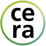 Logo van Cera, partner van Dogs for Blind. Het logo is minimalistisch bestaande uit een groene cirkel met zwarte letters.