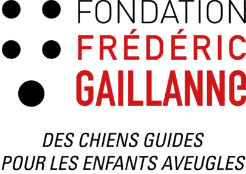Logo van Fondation Frédéric Gaillanne, partner van Dogs for Blind. Het logo bestaat uit de naam in zwarte en rode kleuren. Onderaan staat: ‘des chiens guides pour les enfants aveugles’.